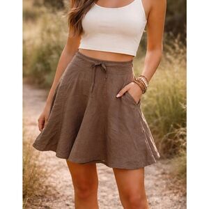 Athleta brown linen tie waist flounce skirt size 12